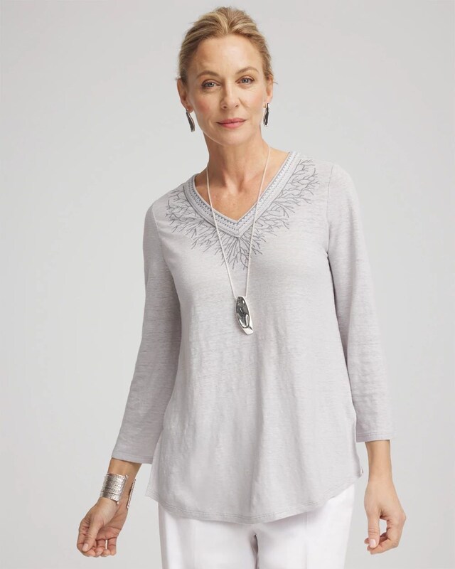 Linen Metallic Embroidered V-Neck Tunic